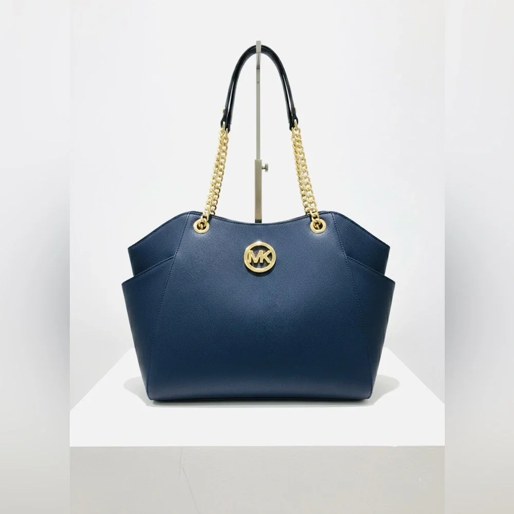 Michael Kors Navy Saffiano Leather Jet Set Shoulder Bag Gold Chain Tote NWT